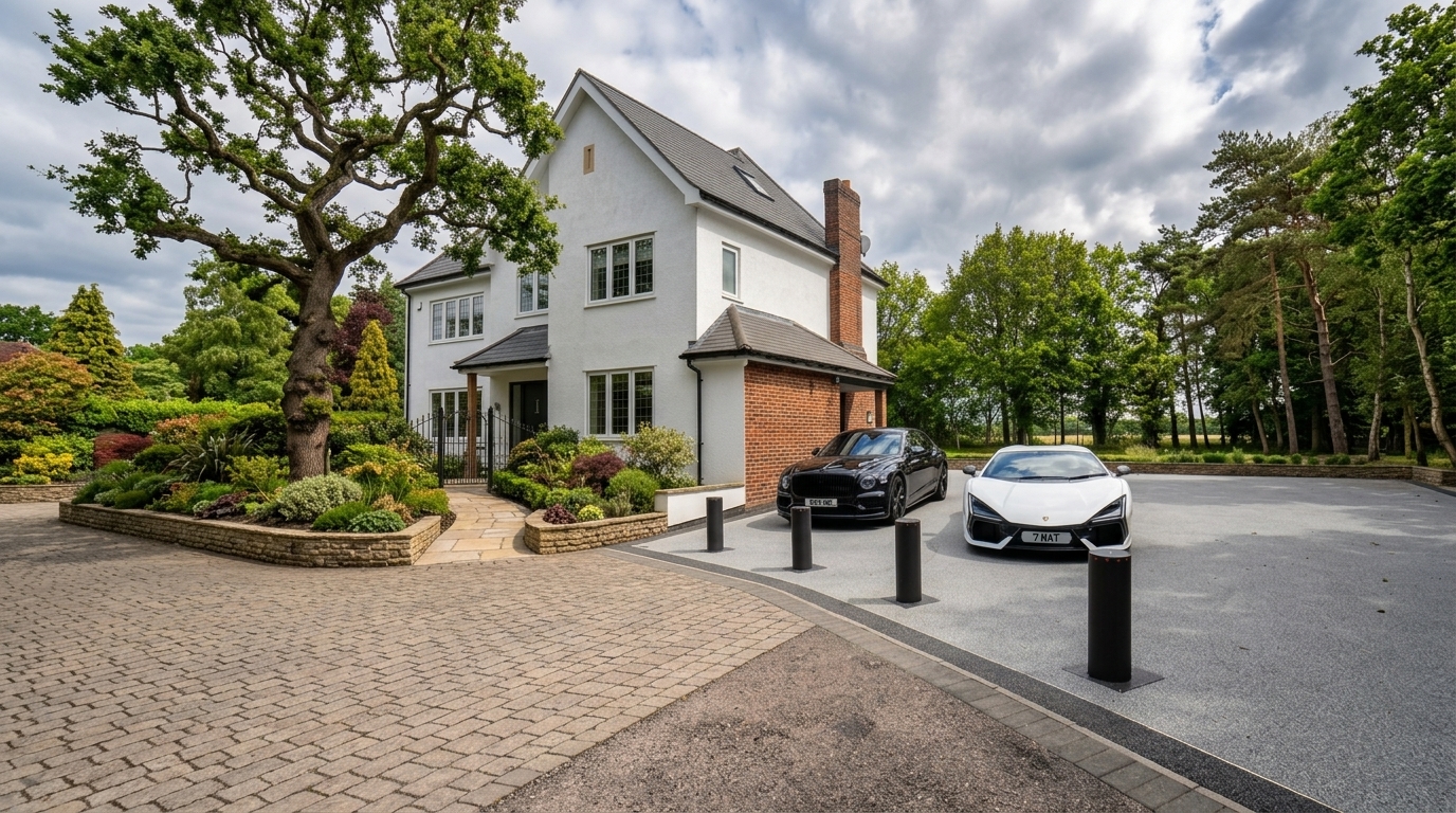 Automatic rising bollards protecting a luxury driveway