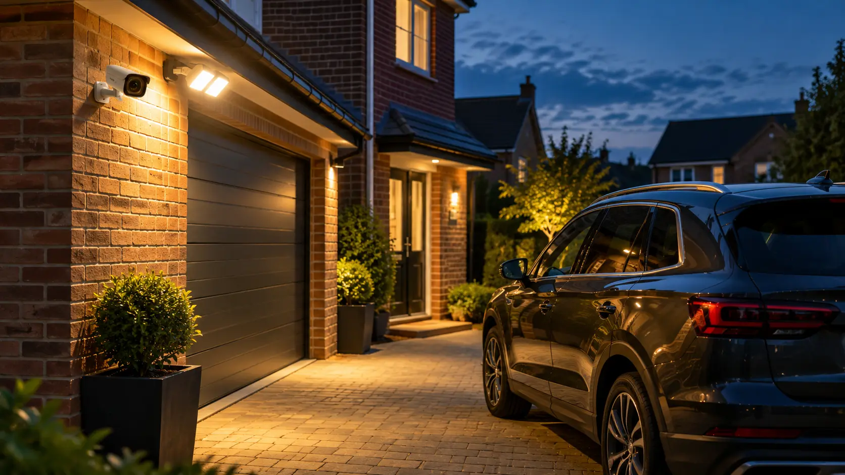 Residential driveway protected by CCTV cameras and security lighting.