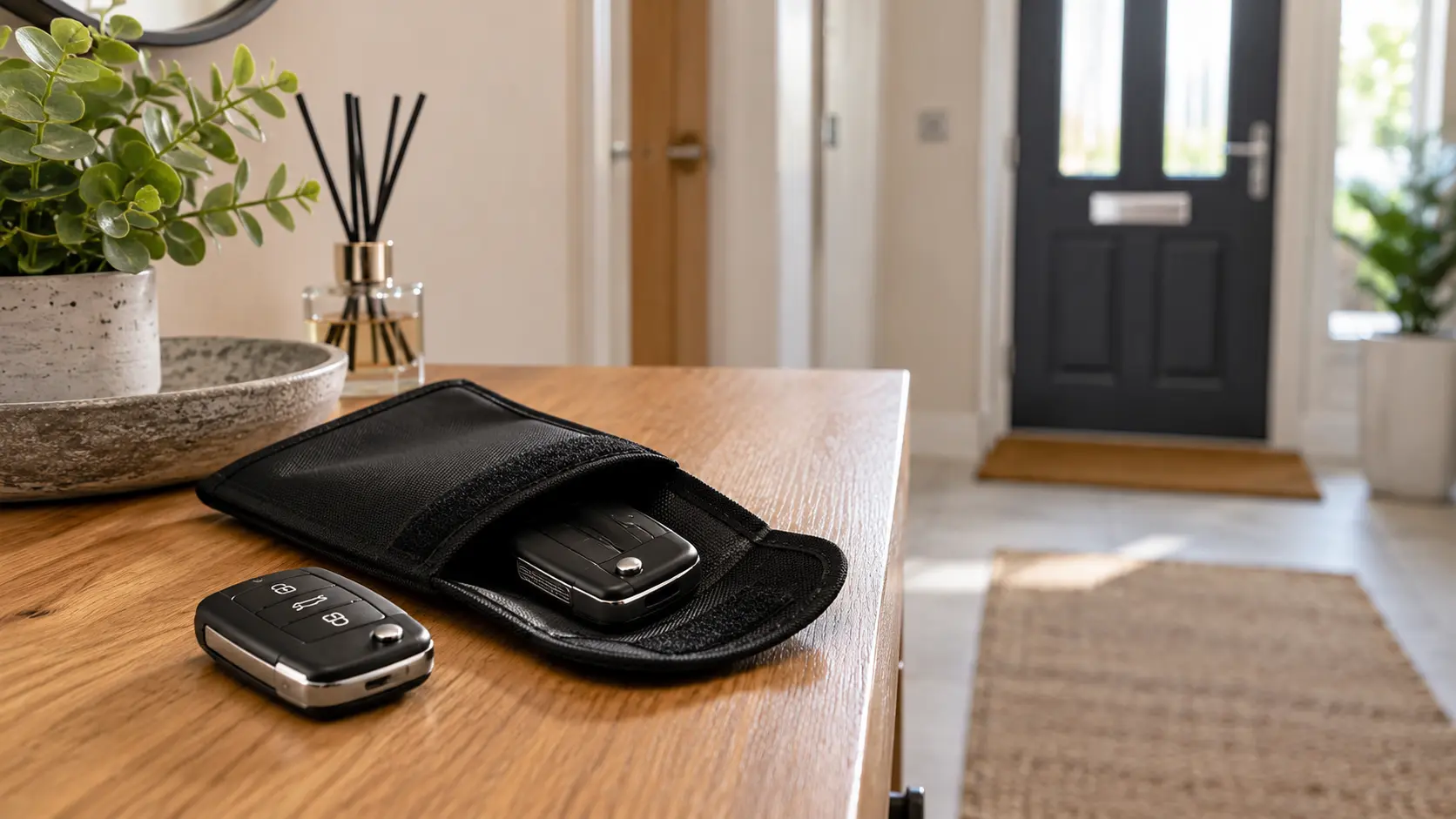 Car key fobs and a Faraday pouch used to protect against keyless car theft.