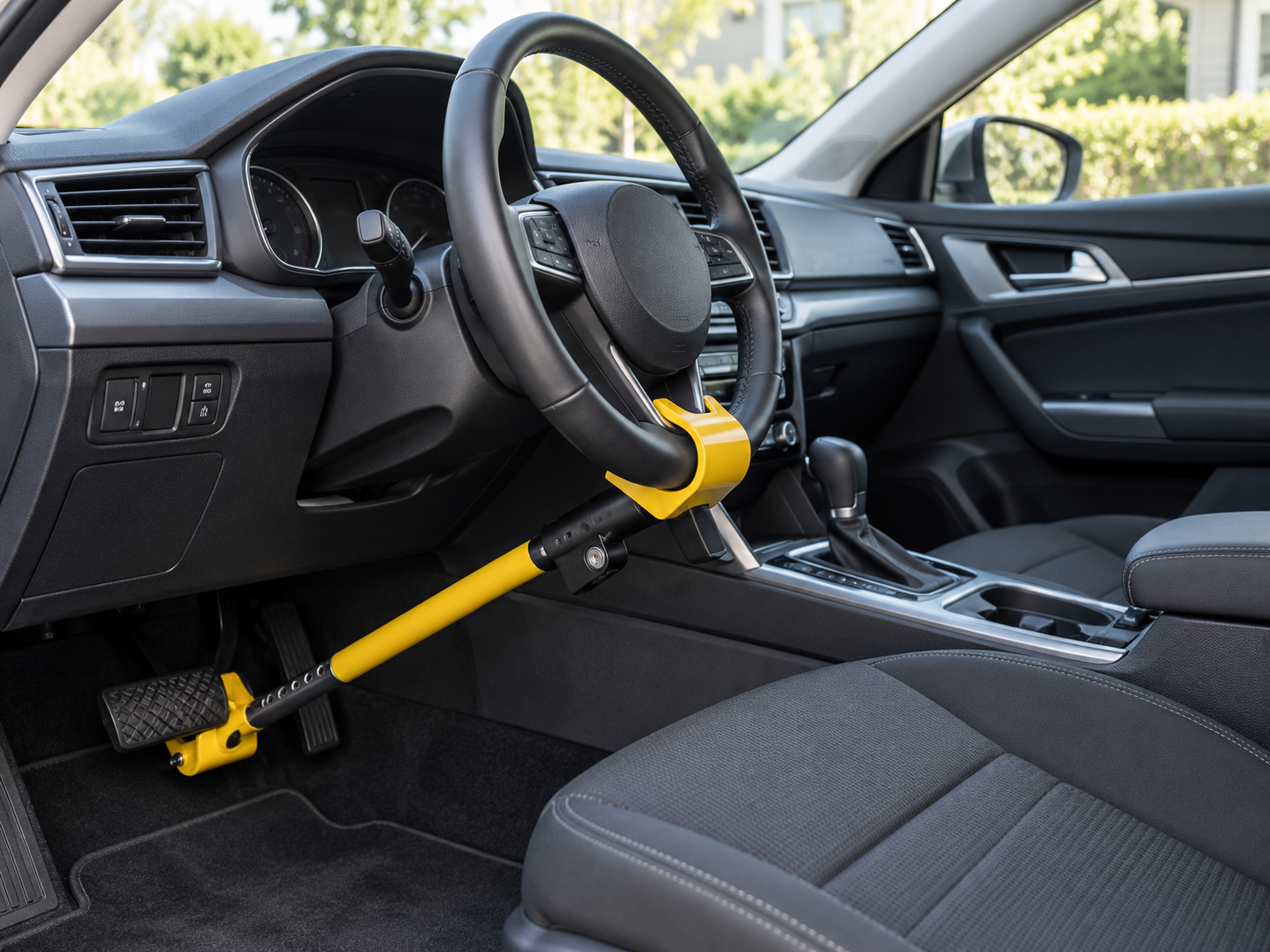 Yellow steering wheel-to-pedal security lock installed in a car