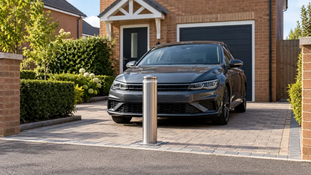 Car parked on a residential driveway protected by a security bollard.
