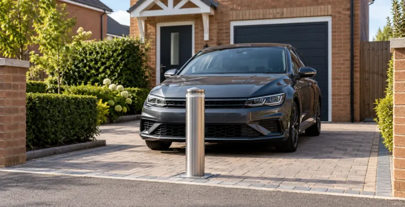 Car parked on a residential driveway protected by a security bollard.