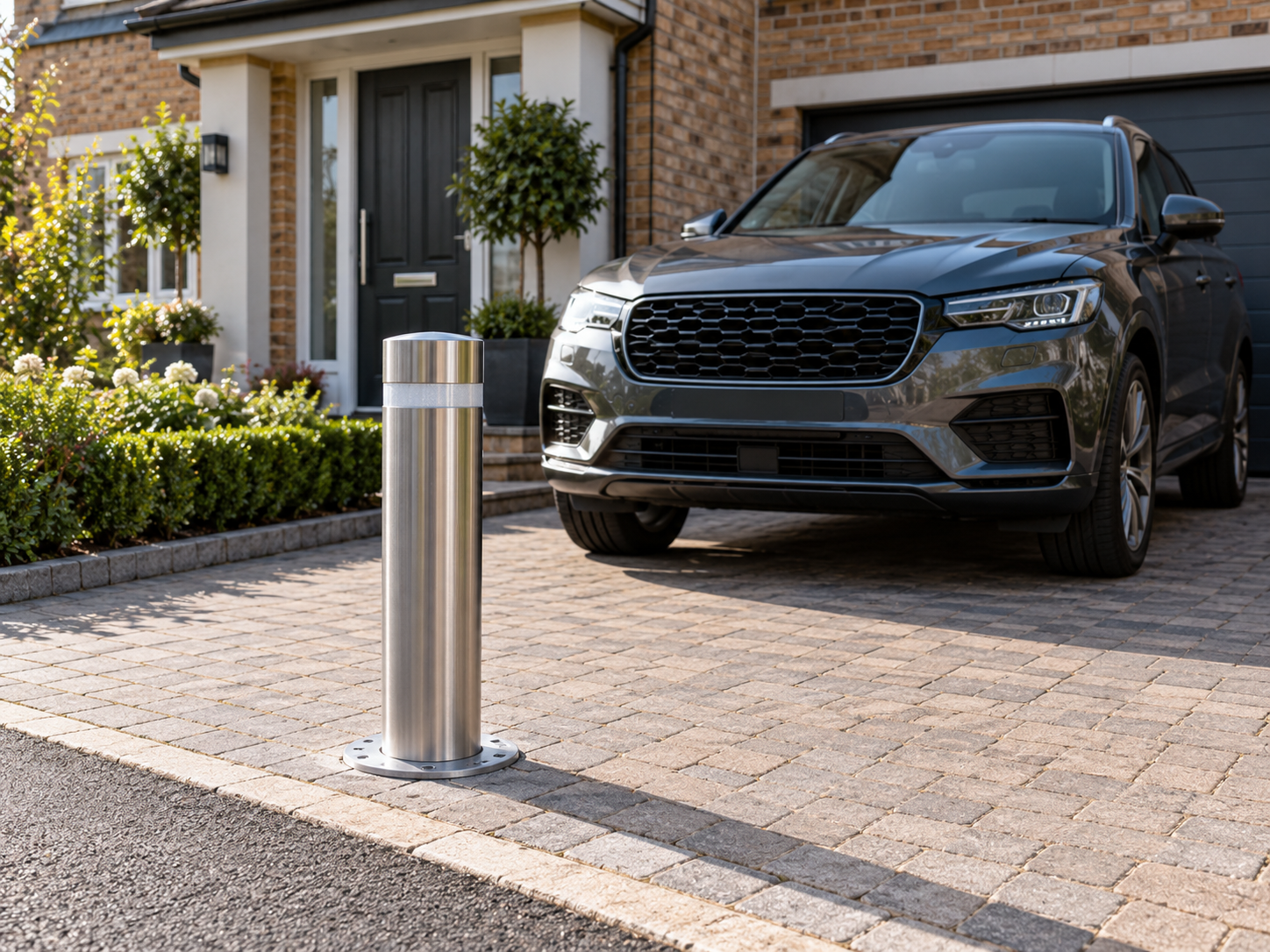 Stainless steel security bollard protecting a car on a residential driveway