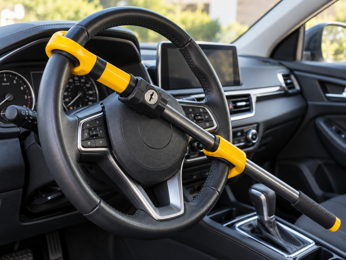 Yellow bar-style steering wheel lock fitted across a car steering wheel
